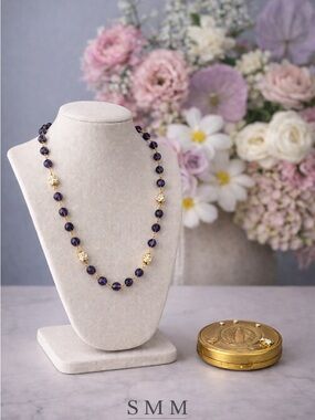 Virgins Saints & Angels Amethyst Bead Necklace with Gold Accents